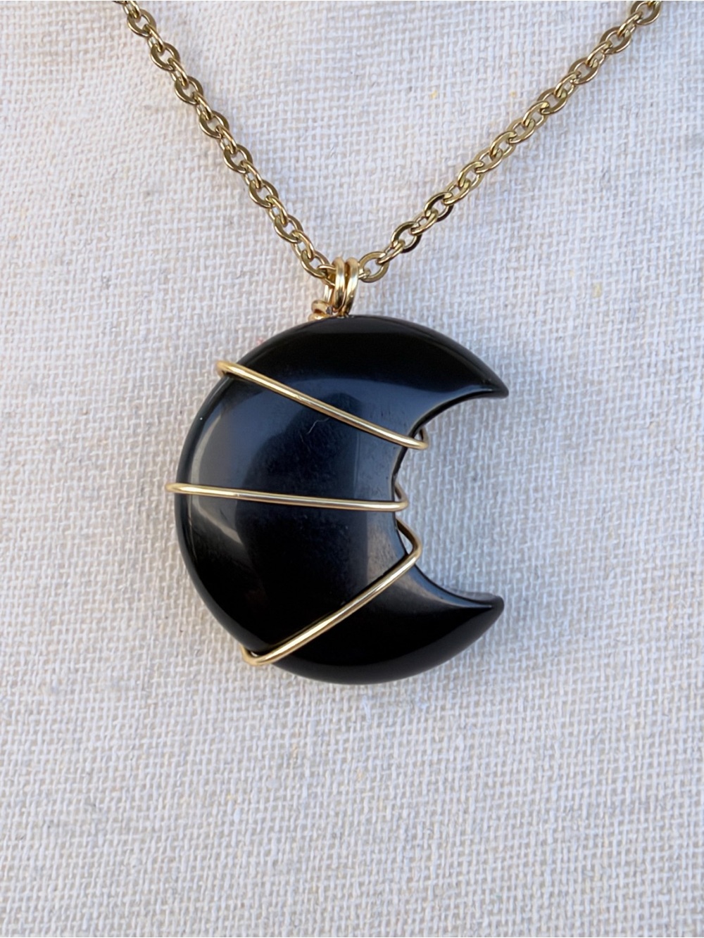 Black Onyx Crescent Moon Pendant Necklace Gold